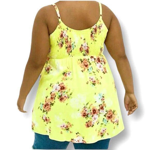 Torrid 2X Lime Green Floral Tank Top Smocked Babydoll Cami Boho Challis Summer - Picture 8 of 9